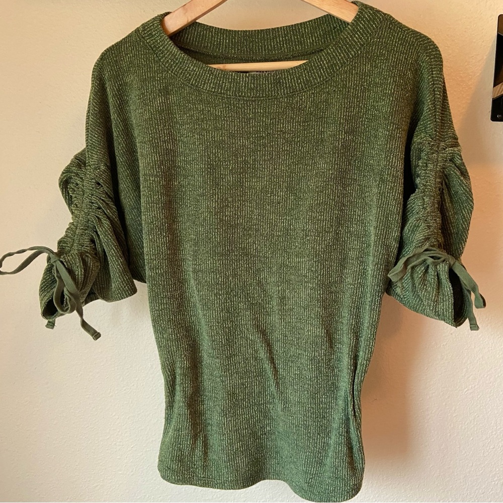 Max Studio Batwing Green Knit Sweater with Ruched Sleeves